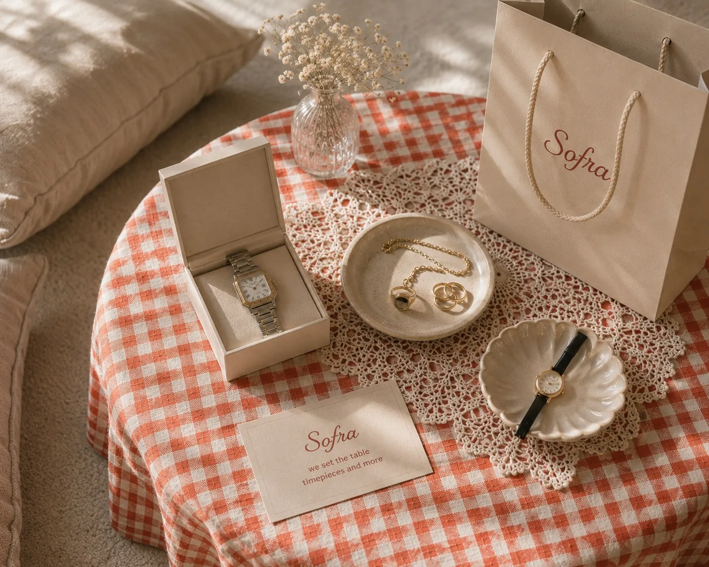 A low round table dressed in red gingham, set with a vintage watch in its box, gold jewellery on a ceramic dish and a Sofra paper bag.